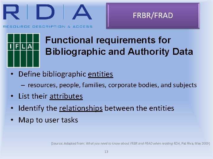 Functional requirements for Bibliographic and Authority Data • Define bibliographic entities – resources, people,