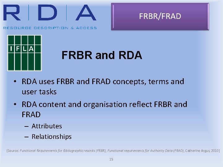 FRBR and RDA • RDA uses FRBR and FRAD concepts, terms and user tasks