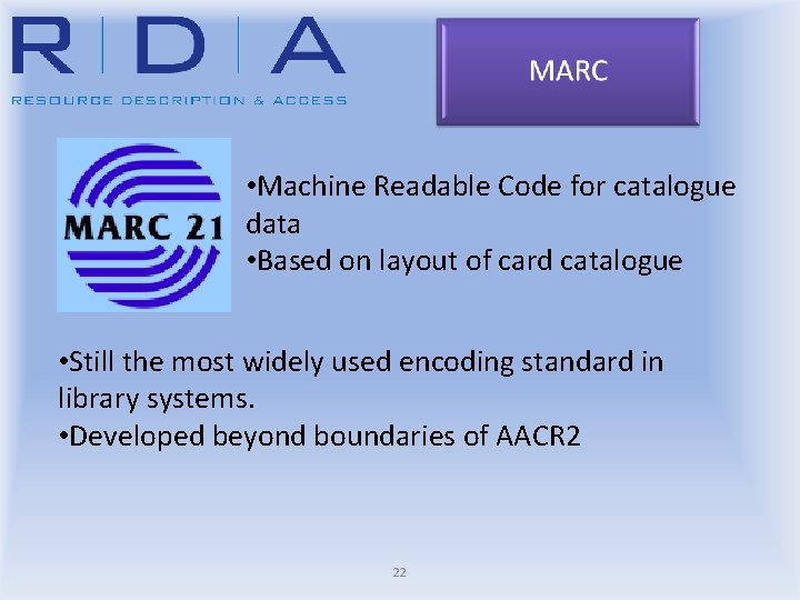  • Machine Readable Code for catalogue data • Based on layout of card