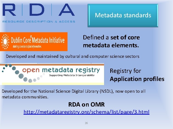 Defined a set of core metadata elements. Developed and maintained by cultural and computer