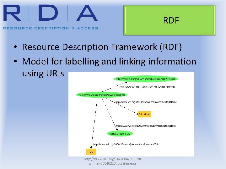 RDF • Resource Description Framework (RDF) • Model for labelling and linking information using