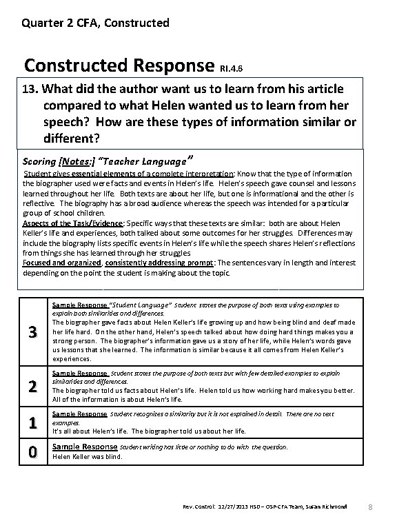 Quarter 2 CFA, Constructed Response RI. 4. 6 13. What did the author want