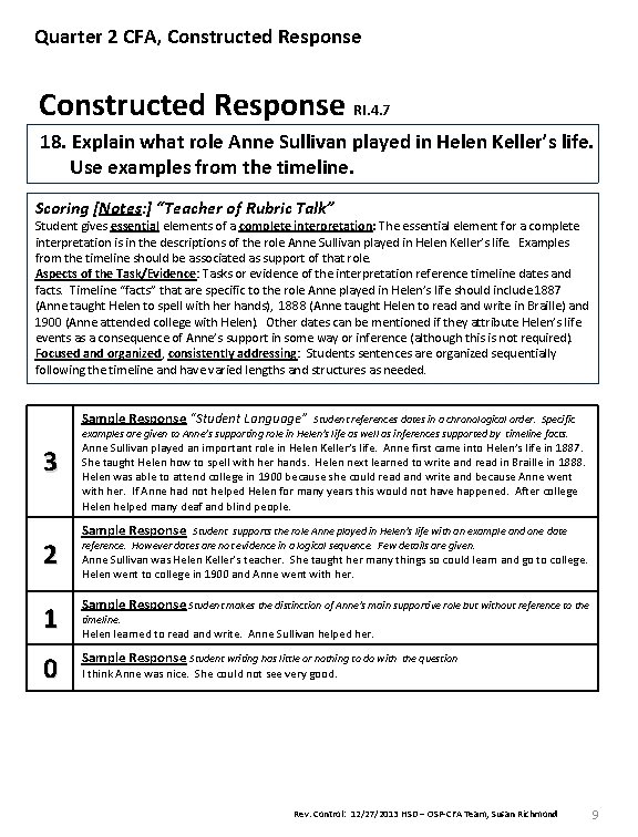 Quarter 2 CFA, Constructed Response RI. 4. 7 18. Explain what role Anne Sullivan