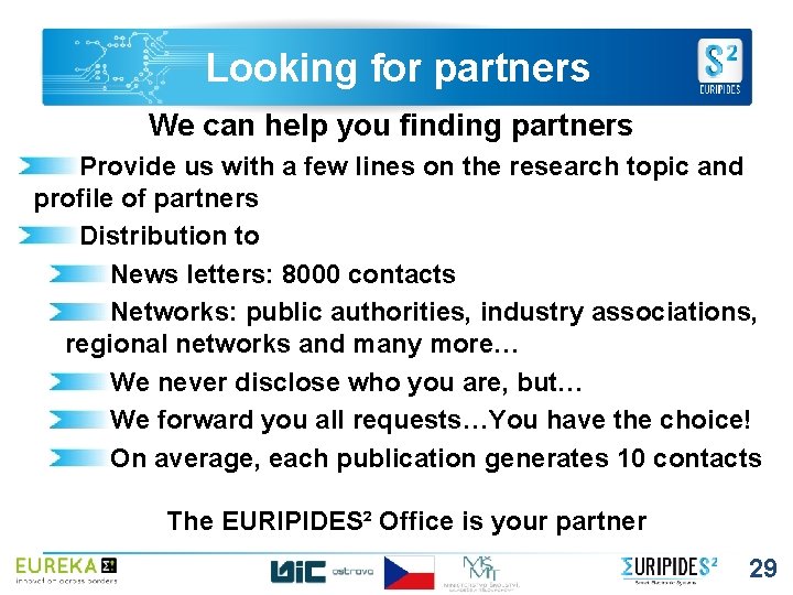 Looking for partners We can help you finding partners Provide us with a few