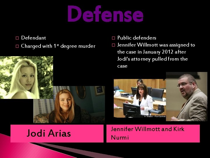 Defense � � Defendant Charged with 1 st degree murder Jodi Arias � �