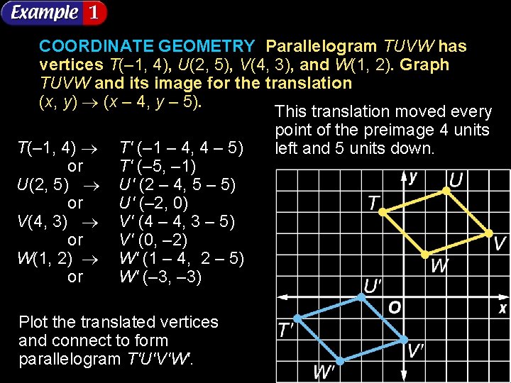 COORDINATE GEOMETRY Parallelogram TUVW has vertices T(– 1, 4), U(2, 5), V(4, 3), and