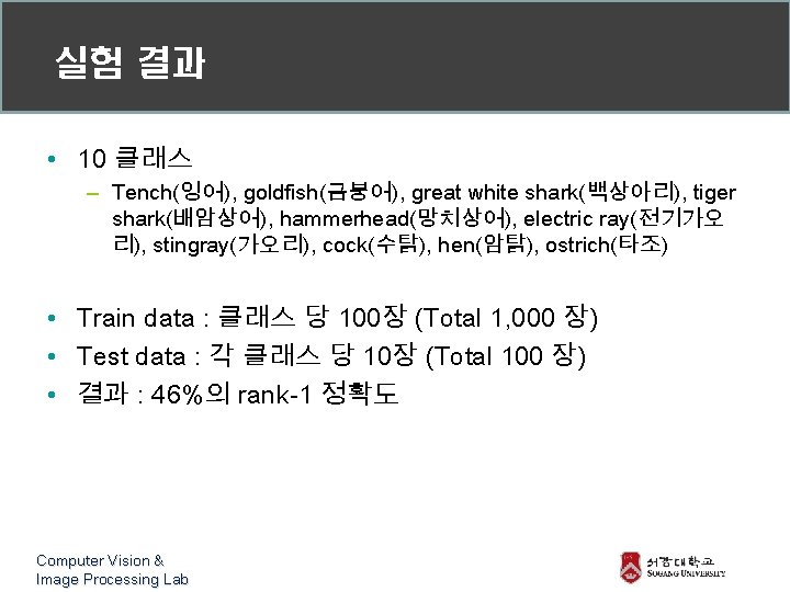 실험 결과 • 10 클래스 – Tench(잉어), goldfish(금붕어), great white shark(백상아리), tiger shark(배암상어), hammerhead(망치상어),