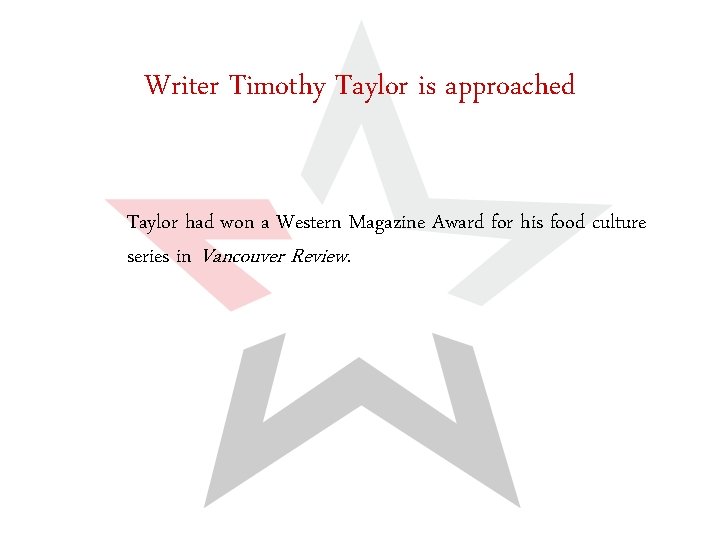 Writer Timothy Taylor is approached Taylor had won a Western Magazine Award for his