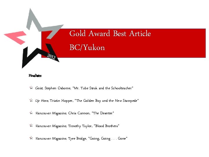 Gold Award Best Article BC/Yukon Finalists: Geist, Stephen Osborne, “Mr. Tube Steak and the