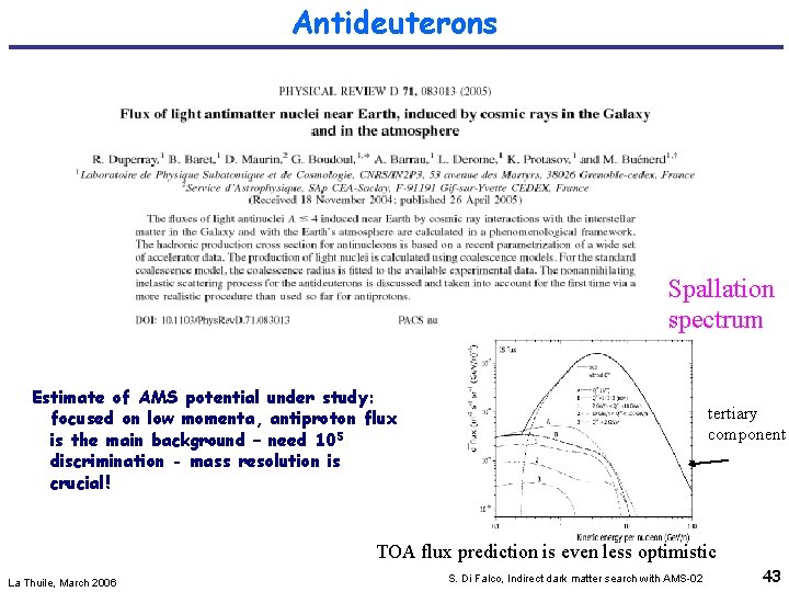 Antideuterons Spallation spectrum Estimate of AMS potential under study: focused on low momenta, antiproton