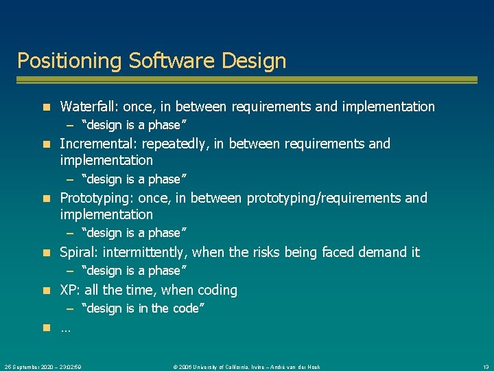 Positioning Software Design n Waterfall: once, in between requirements and implementation – “design is