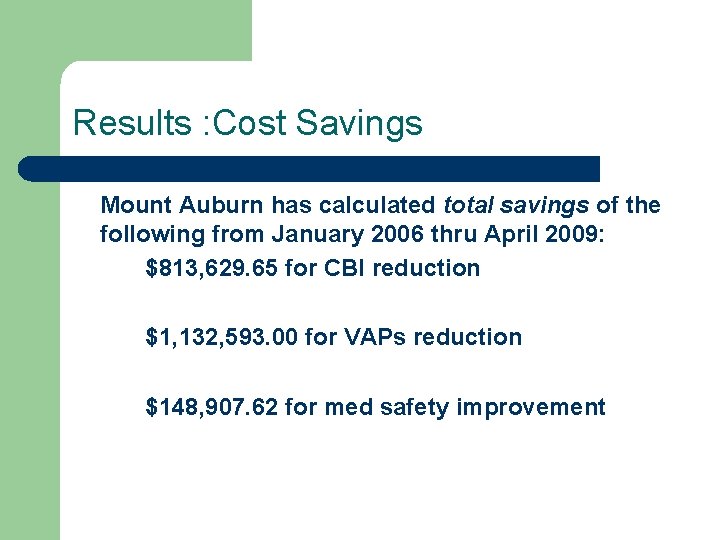 Results : Cost Savings Mount Auburn has calculated total savings of the following from