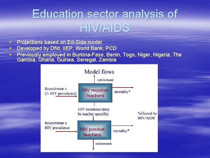 Education sector analysis of HIV/AIDS § Projections based on Ed-Sida model § Developed by