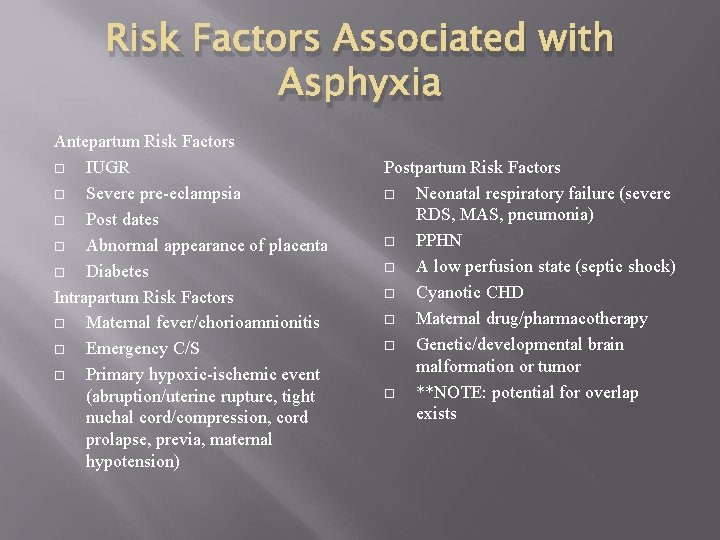 Risk Factors Associated with Asphyxia Antepartum Risk Factors IUGR Severe pre-eclampsia Post dates Abnormal