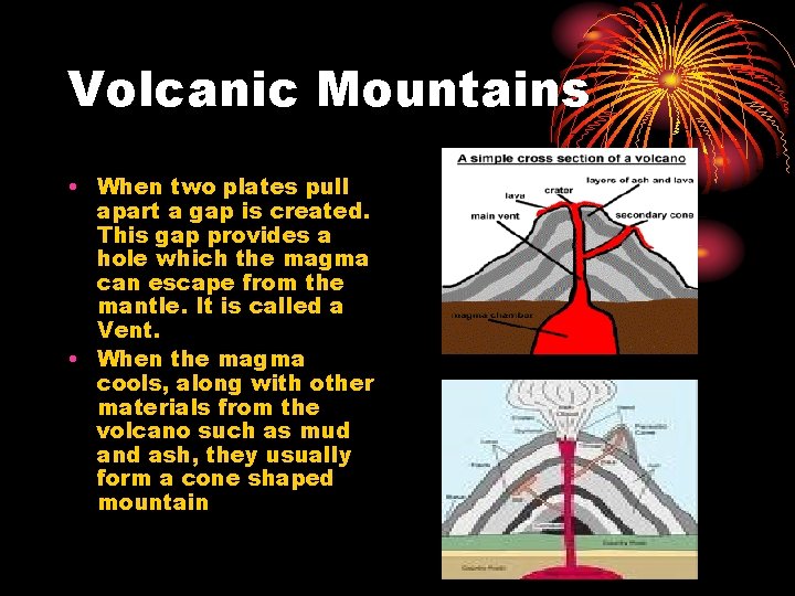 Volcanic Mountains • When two plates pull apart a gap is created. This gap
