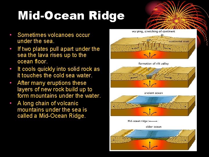Mid-Ocean Ridge • Sometimes volcanoes occur under the sea. • If two plates pull