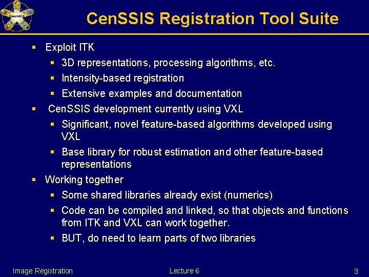 Cen. SSIS Registration Tool Suite § Exploit ITK § 3 D representations, processing algorithms,