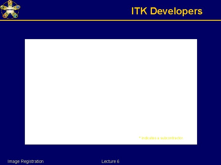 ITK Developers * indicates a subcontractor. Image Registration Lecture 6 
