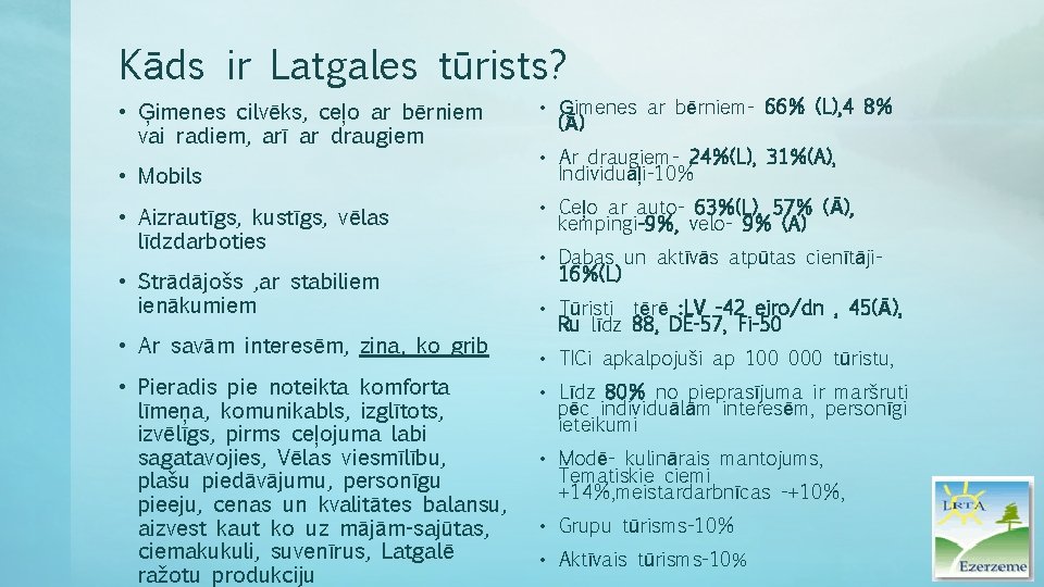 Kāds ir Latgales tūrists? • Ģimenes cilvēks, ceļo ar bērniem vai radiem, arī ar