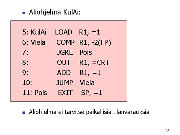 n Aliohjelma Kul. Ai: 5: Kul. Ai 6: Viela 7: 8: 9: 10: 11: