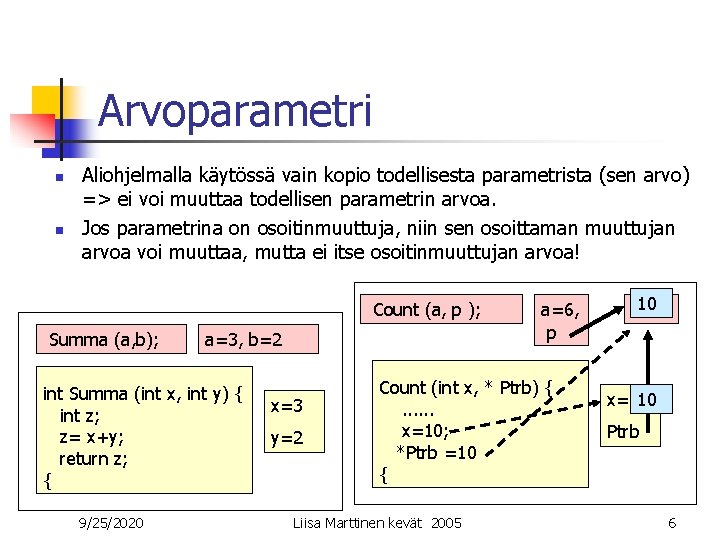 Arvoparametri n n Aliohjelmalla käytössä vain kopio todellisesta parametrista (sen arvo) => ei voi
