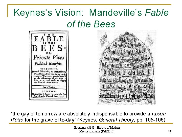 Keynes’s Vision: Mandeville’s Fable of the Bees “the gay of tomorrow are absolutely indispensable Keynes’s Vision: Mandeville’s Fable of the Bees “the gay of tomorrow are absolutely indispensable
