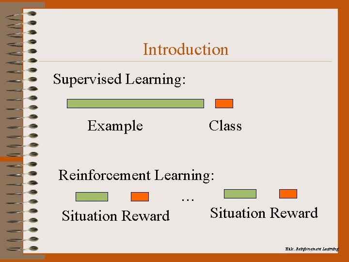 Introduction Supervised Learning: Example Class Reinforcement Learning: … Situation Reward Eick: Reinforcement Learning. 