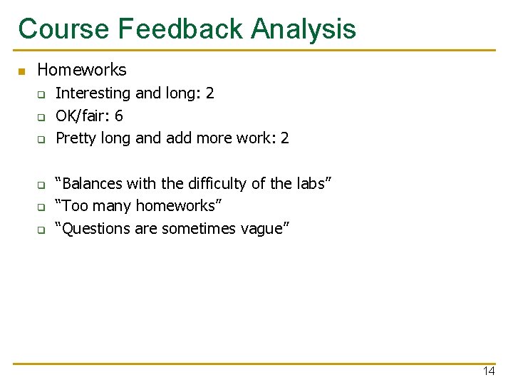 Course Feedback Analysis n Homeworks q q q Interesting and long: 2 OK/fair: 6
