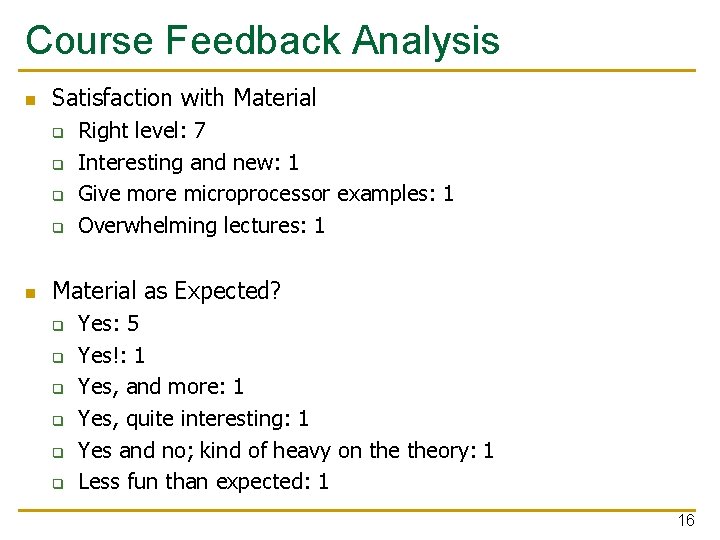 Course Feedback Analysis n Satisfaction with Material q q n Right level: 7 Interesting