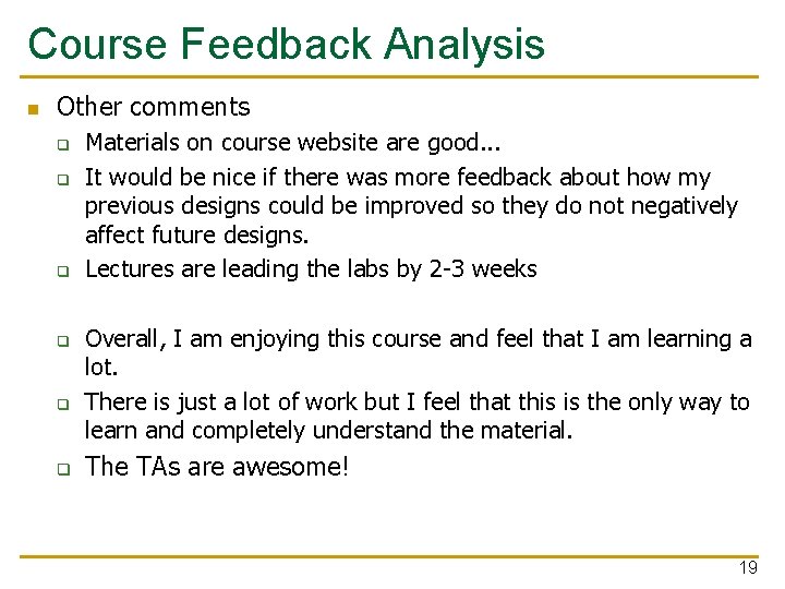 Course Feedback Analysis n Other comments q q q Materials on course website are