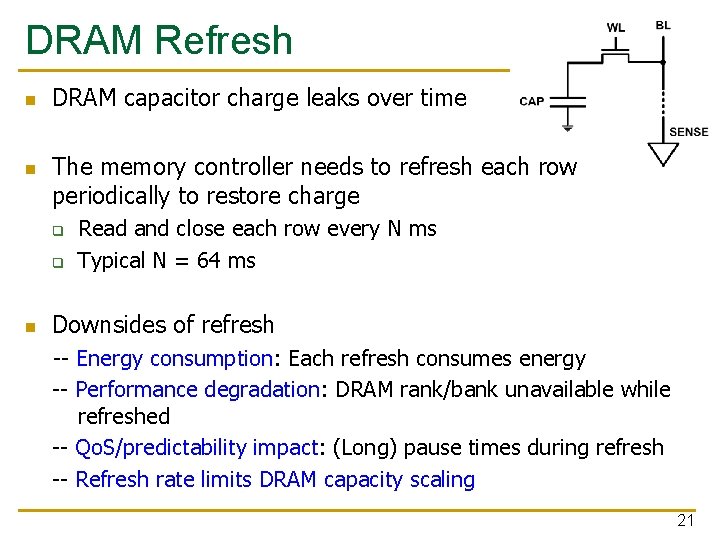 DRAM Refresh n n DRAM capacitor charge leaks over time The memory controller needs