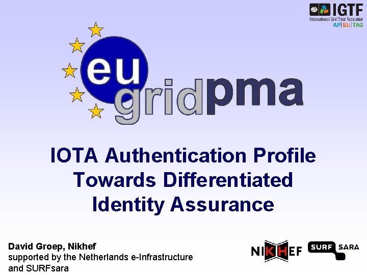 IOTA Authentication Profile Towards Differentiated Identity Assurance David Groep, Nikhef supported by the Netherlands