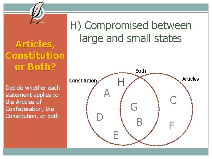 Articles, Constitution or Both? H) Compromised between large and small states Both Constitution Decide