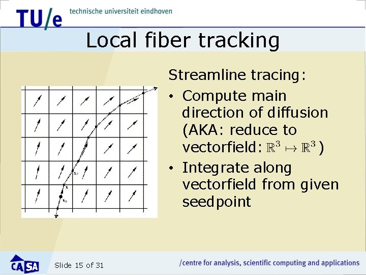 Local fiber tracking Streamline tracing: • Compute main direction of diffusion (AKA: reduce to