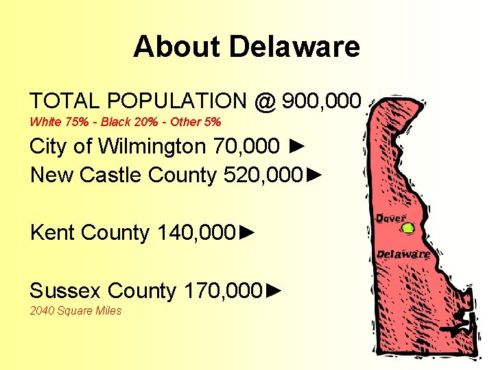 About Delaware TOTAL POPULATION @ 900, 000 White 75% - Black 20% - Other