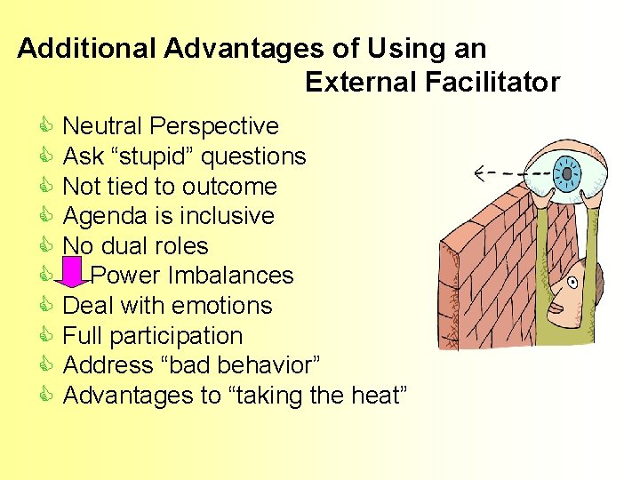 Additional Advantages of Using an External Facilitator C Neutral Perspective C Ask “stupid” questions