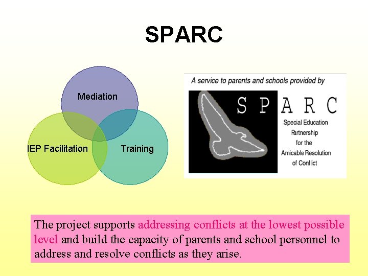 SPARC Mediation IEP Facilitation Training The project supports addressing conflicts at the lowest possible