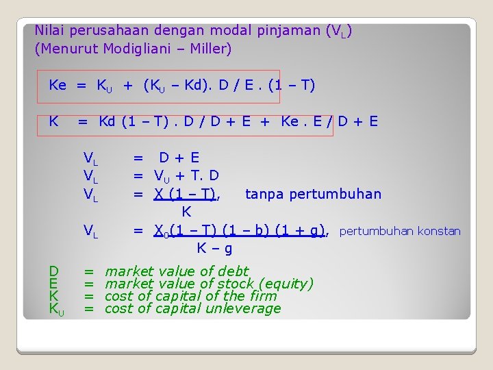 Nilai perusahaan dengan modal pinjaman (VL) (Menurut Modigliani – Miller) Ke = KU +