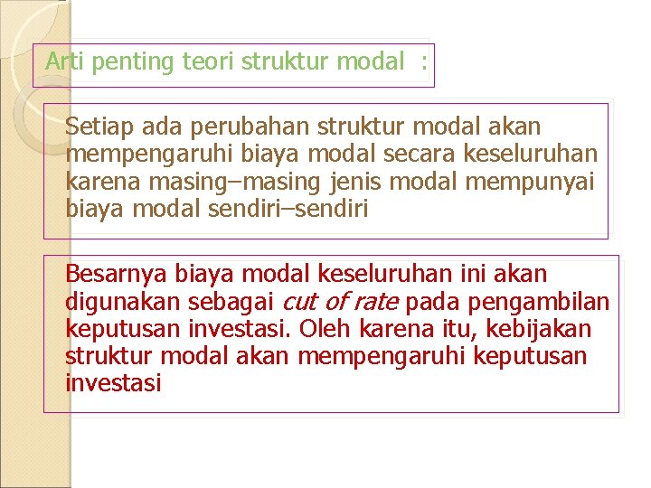 Arti penting teori struktur modal : Setiap ada perubahan struktur modal akan mempengaruhi biaya