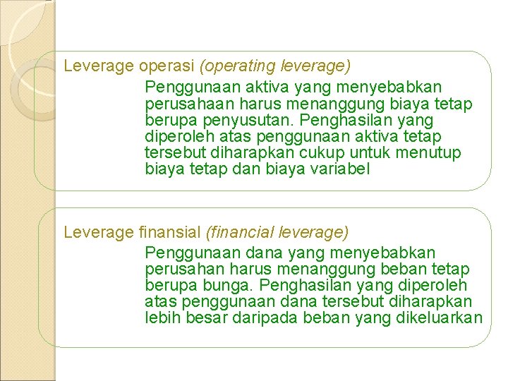 Leverage operasi (operating leverage) Penggunaan aktiva yang menyebabkan perusahaan harus menanggung biaya tetap berupa