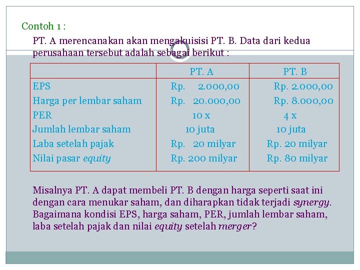 Contoh 1 : PT. A merencanakan mengakuisisi PT. B. Data dari kedua perusahaan tersebut