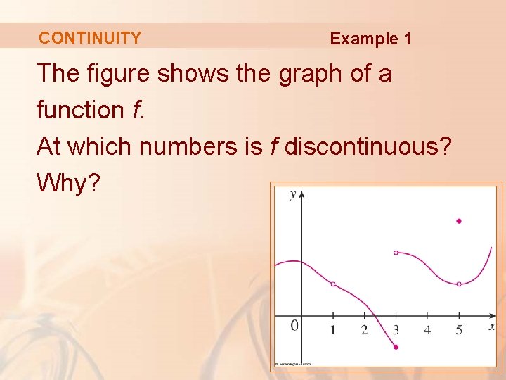 CONTINUITY Example 1 The figure shows the graph of a function f. At which