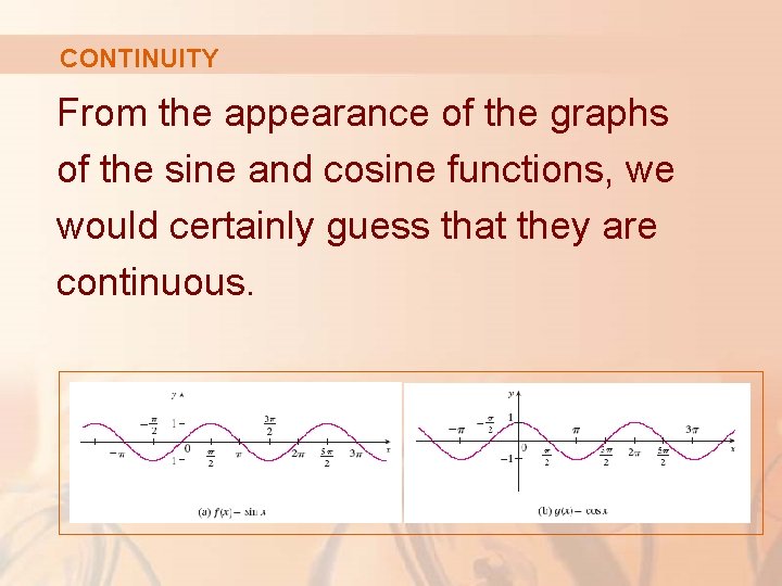 CONTINUITY From the appearance of the graphs of the sine and cosine functions, we