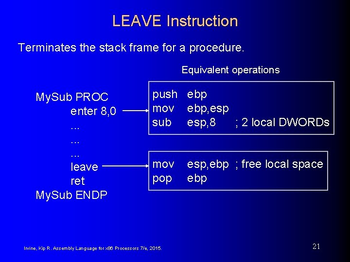 LEAVE Instruction Terminates the stack frame for a procedure. Equivalent operations My. Sub PROC