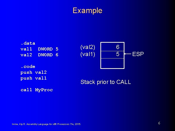 Example . data val 1 DWORD 5 val 2 DWORD 6. code push val