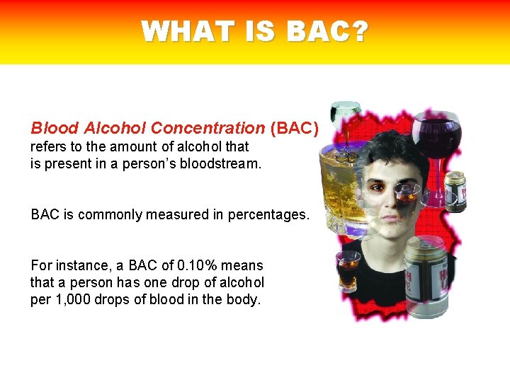 WHAT IS BAC? Blood Alcohol Concentration (BAC) refers to the amount of alcohol that