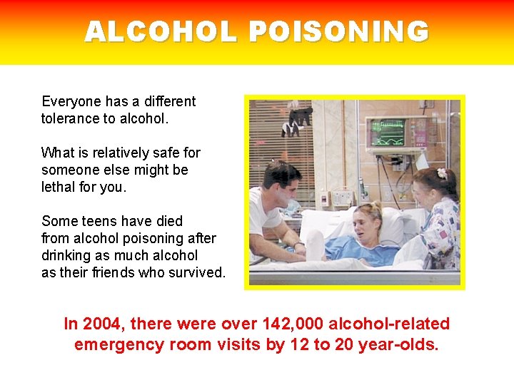 ALCOHOL POISONING Everyone has a different tolerance to alcohol. What is relatively safe for