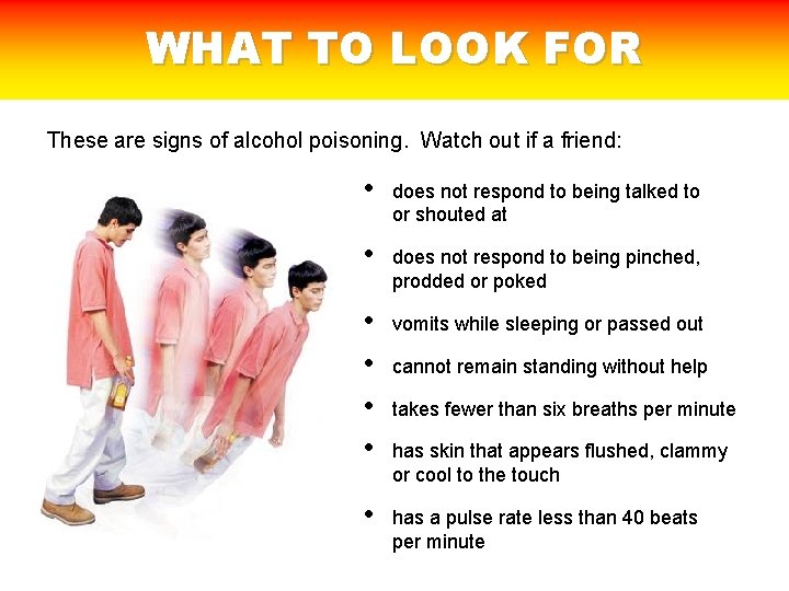 WHAT TO LOOK FOR These are signs of alcohol poisoning. Watch out if a