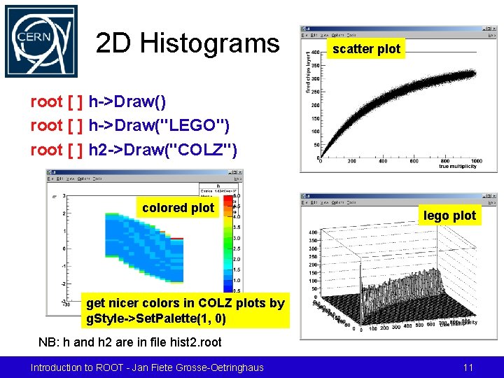 2 D Histograms scatter plot root [ ] h->Draw() root [ ] h->Draw("LEGO") root