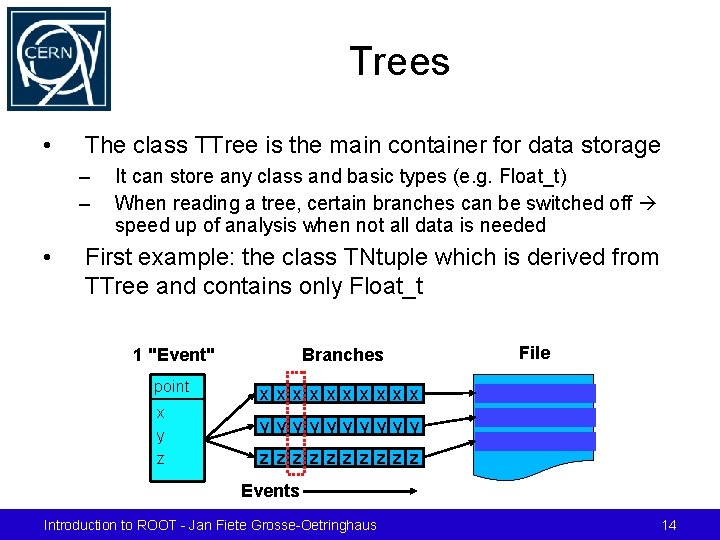 Trees • The class TTree is the main container for data storage – –